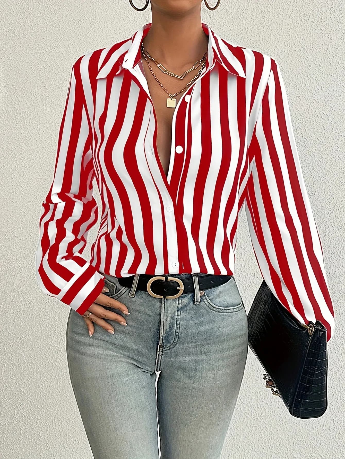 Camicetta da donna a maniche lunghe a righe rosse e bianche, camicia abbottonata oversize con polsini a risvolto