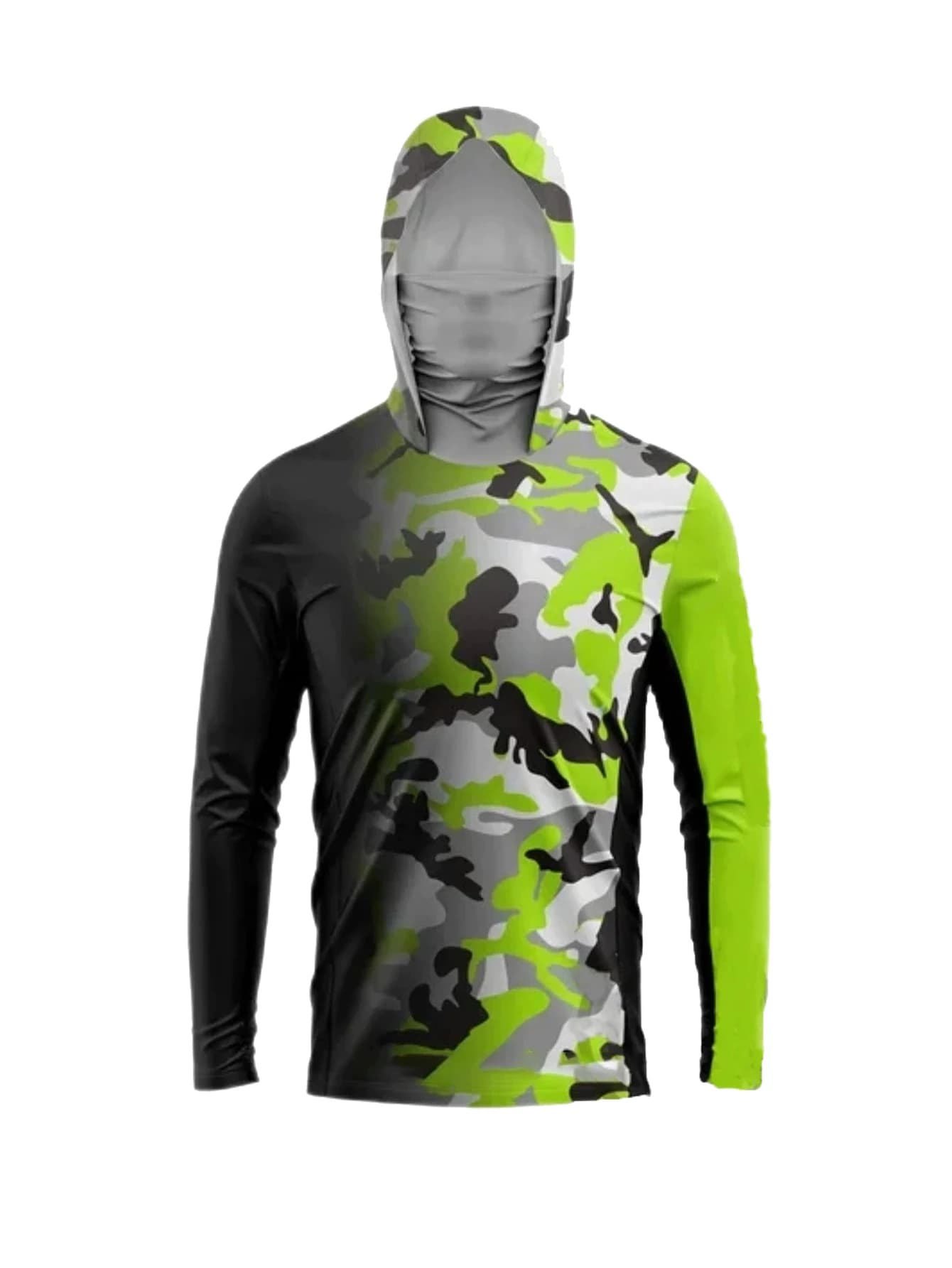 Outdoor Fisherman Hooded Long Sleeve T-shirt, Gradient Neon Camouflage Anti-UV Shirt with Integrated Neck Gaiter