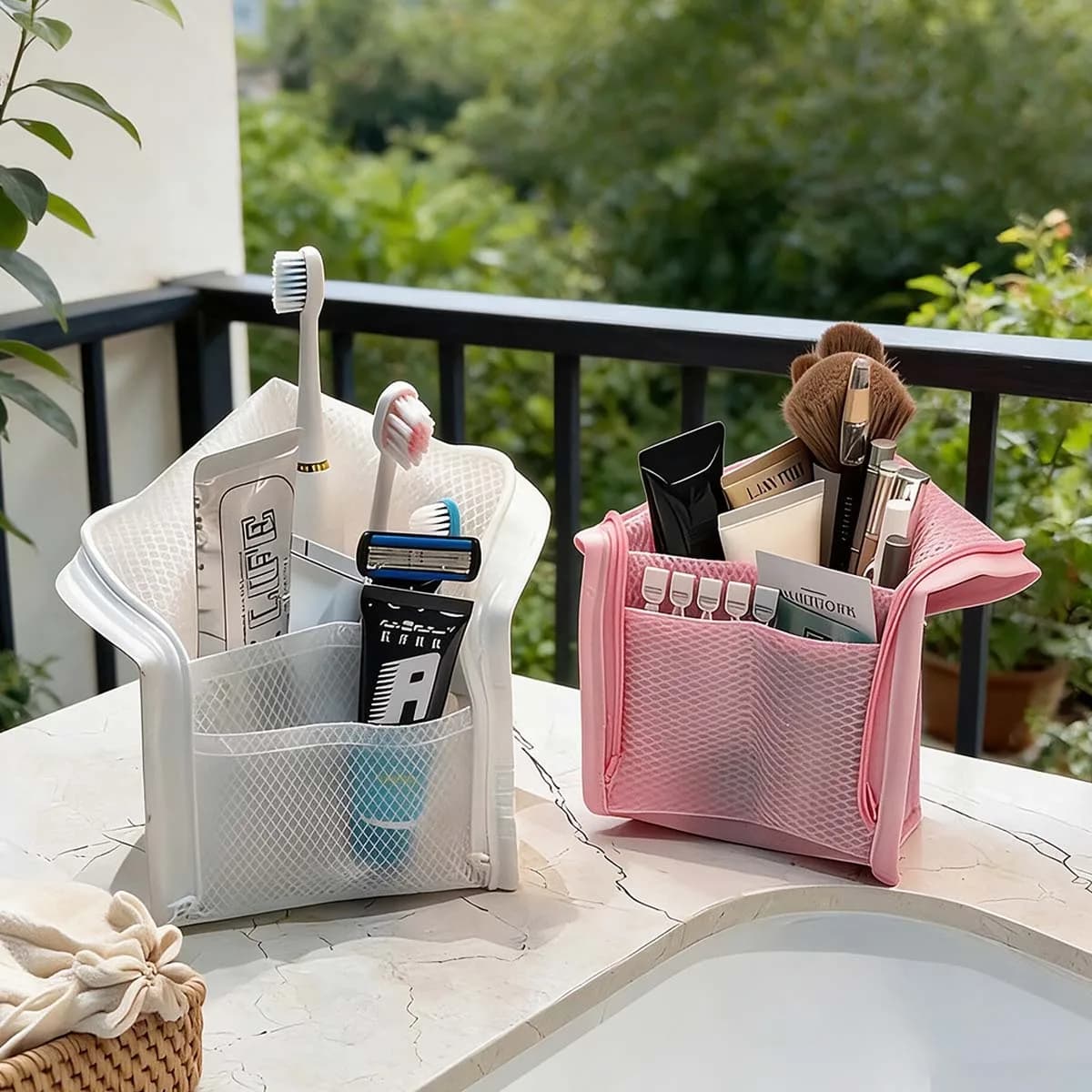 Portable mesh wash bag, portable travel toothbrush and toothpaste storage bag, cosmetic storage bag, bathroom travel storage bag