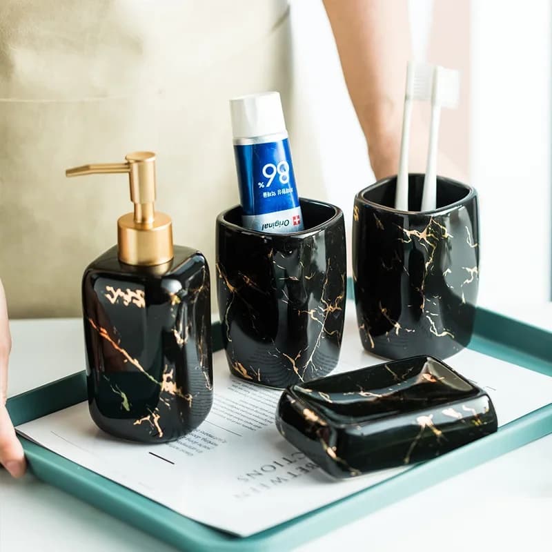 Nordic Matte Golden Ceramics Bathroom Toiletries Set Toiletries Cup Soap Dish Soap Dispenser Toothbrush Holder Tumbler