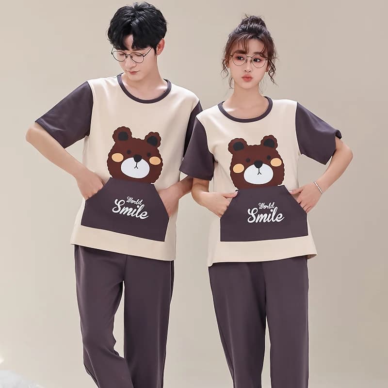 Coppia Estate Moda Uomo e Donna Pigiama Set Kawaii Orso Stampa Homewear per Gli Amanti Pantaloni Lunghi a Maniche Corte Pigiama da Coppia
