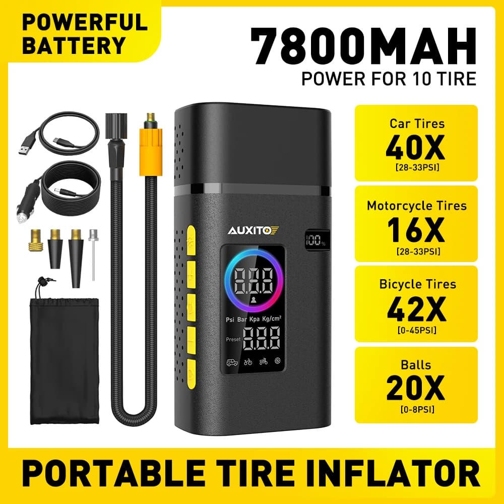 AUXITO Pompa di gonfiaggio per pneumatici portatile per pneumatici per auto Compressore d'aria per gonfiaggio pneumatici portatile alimentato a batteria per bici da moto per auto