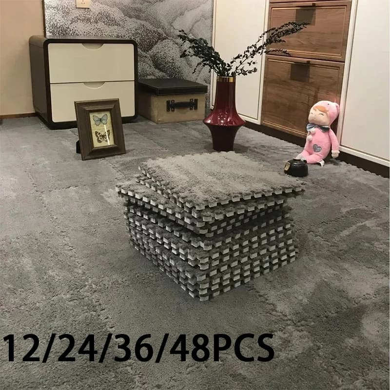 12/24/36/48PCS Grey Interlocking Carpet Shaggy Soft Foam Play Mat Square Plush Puzzle Floor Tiles for Rooms Home Parlor Bedroom