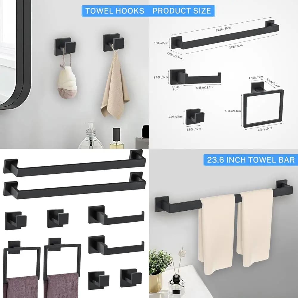 Set di accessori da bagno da 10 pezzi in acciaio inossidabile nero opaco con portasciugamani e supporto da 23,6 pollici