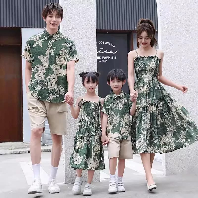 Summer Boho Family Matching & Couple Outfits Green Tropical Print Dress & Aloha Shirt Set for Mom Dad Kids Vacation Photoshoot
