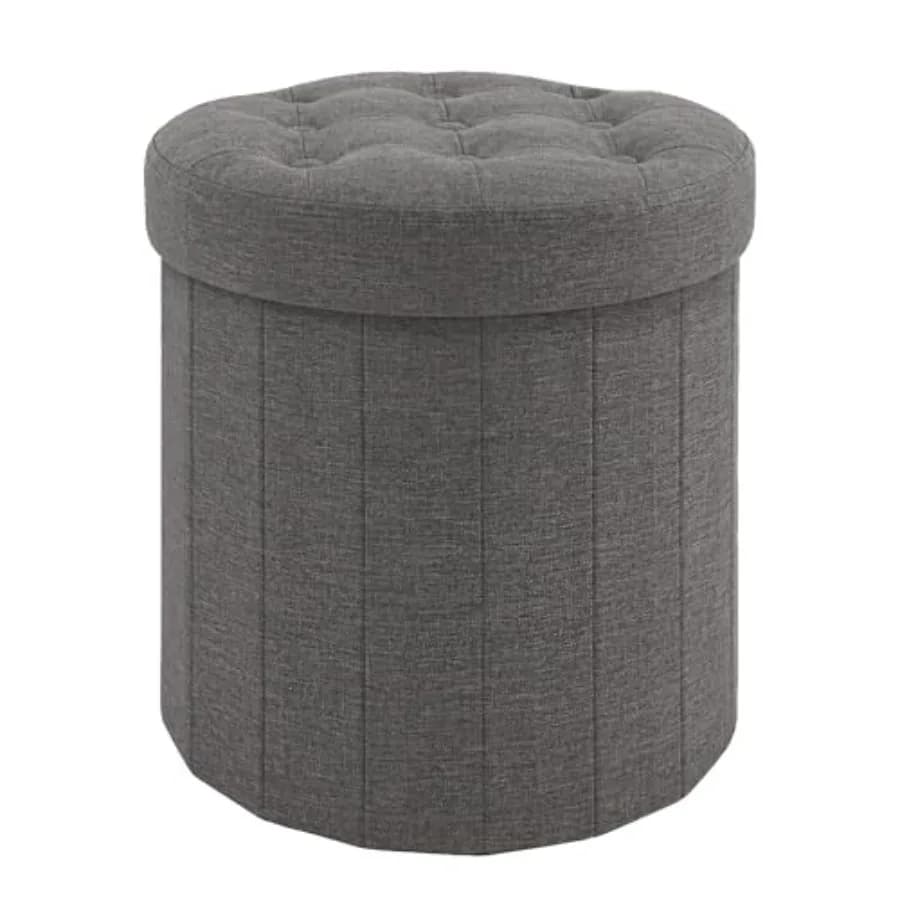 Pouf Contenitore Rotondo, Sgabello Poggiapiedi Pieghevole in Lino con Seduta Imbottita in Schiuma Spessa, Sgabello Versatile per Soggiorno, Camera da Letto