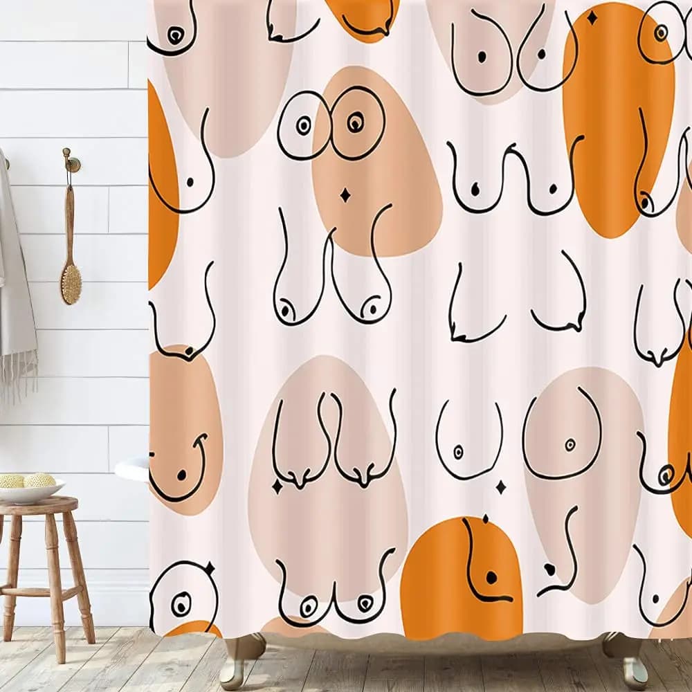 Divertente tenda da doccia per il corpo umano Decorazioni per il bagno Ragazza Donna Seno Boob Tenda da bagno Set di tende da doccia in tessuto arancione rosa