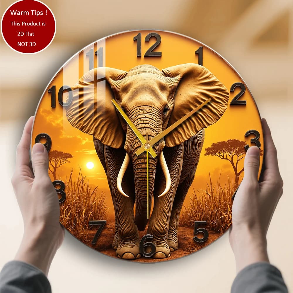 Tempered Glass Wall Clock with Sunset Elephant Savanna Design Suitable for Wall Decorations or Table Display everywhere
