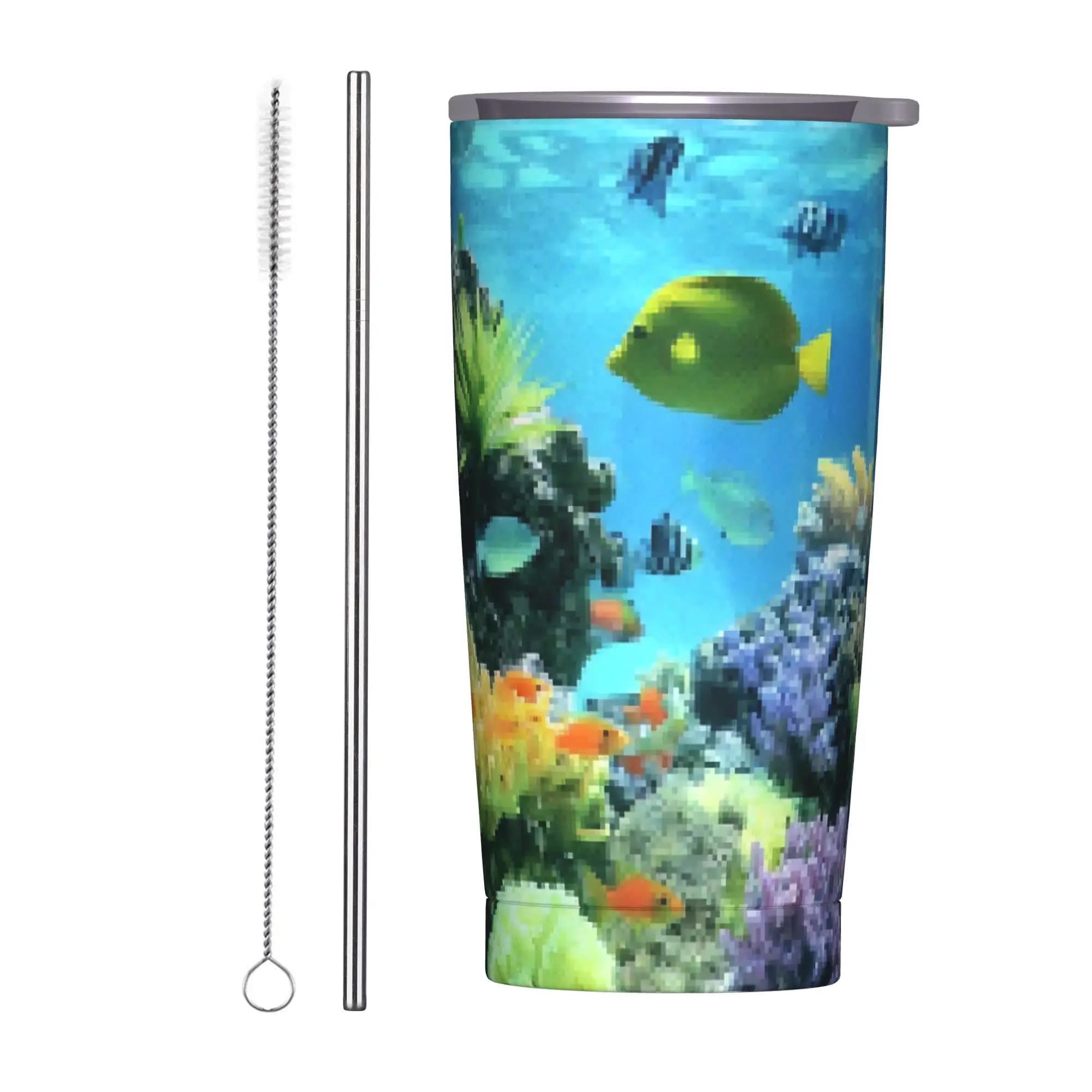 Borraccia Termica Sottovuoto Pixelated Fishtank Frutiger Aero con Coperchio, Boccale Termico a Doppia Parete per Auto, 20oz