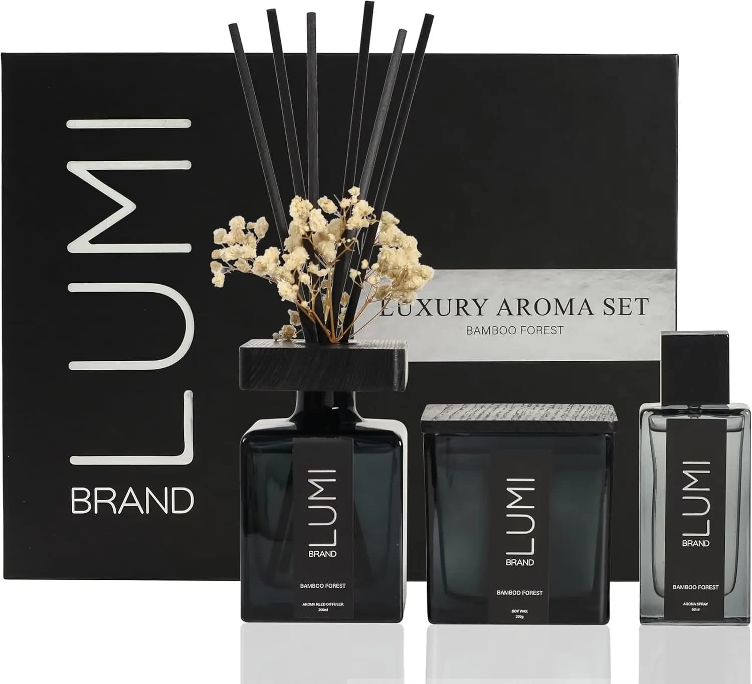 Set Regalo di Lusso per Aromaterapia | Diffusore di fragranze Bamboo Forest (200ml), Candela di soia con stoppino in legno (200g), per ambienti
