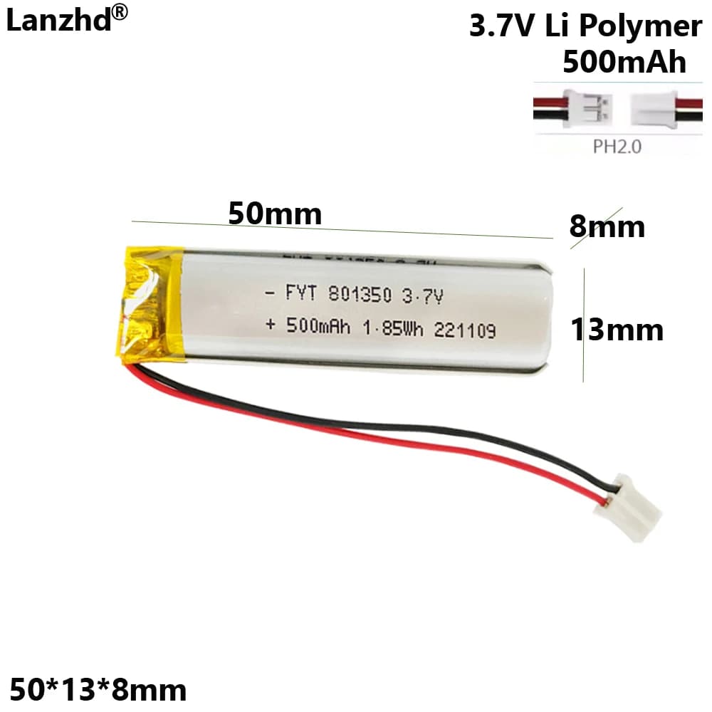 801350 3.7 V 500 mAh Lithium polymer battery For electric toothbrush Voice recording Reading pen Temperature measurement Gun cells PH 2.0