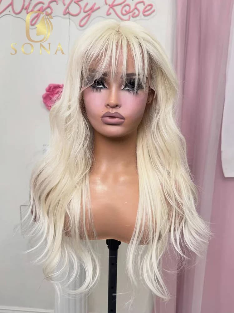 Ash Blonde Body Wave With Curtain Bangs Brazilian Virgin Human Hair Lace Front Wig Bleached Knots Natural Wave Fringe Wigs