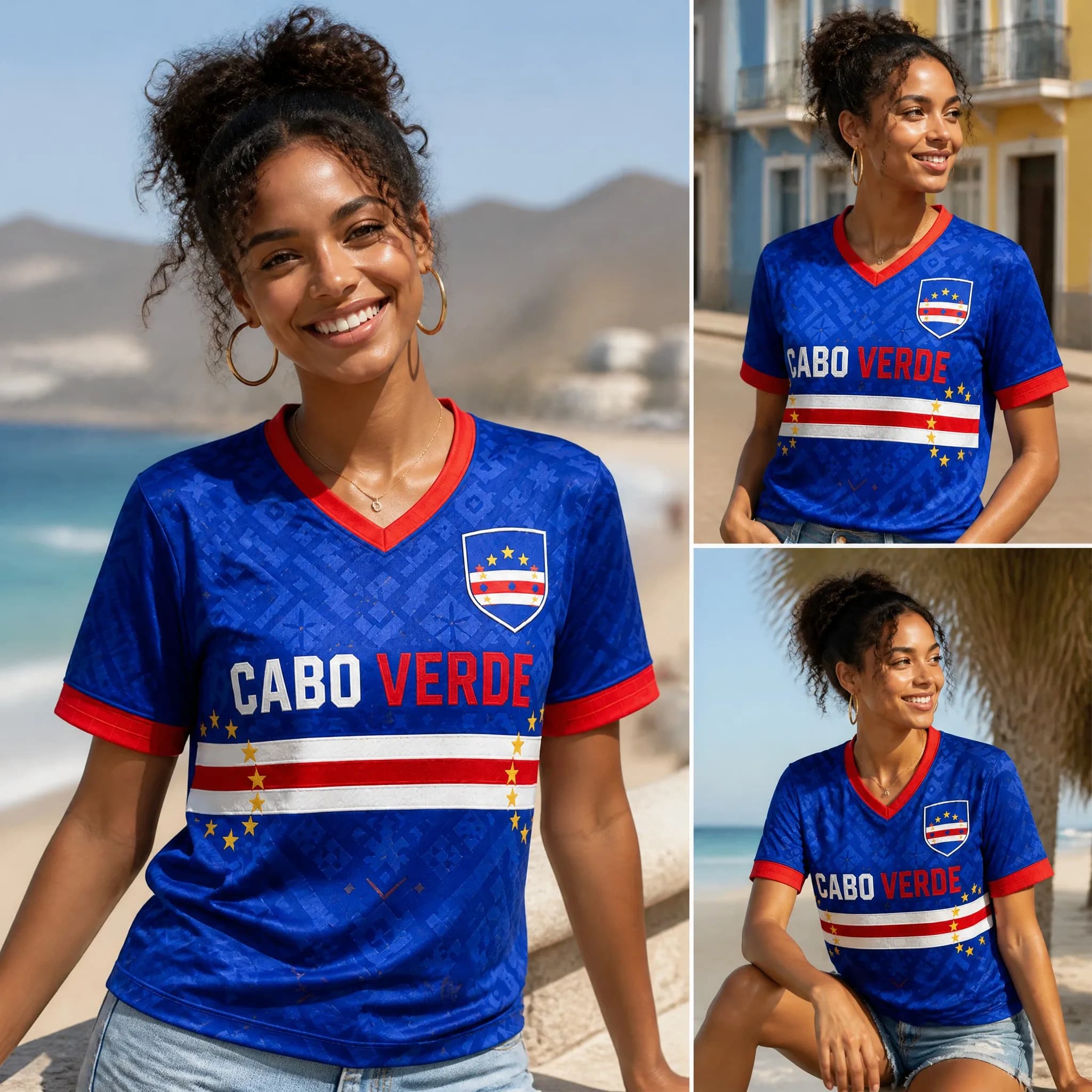Women T-Shirt Cabo Verde 2026 Royal Blue Soccer Graphic V Neck Short Sleeve Jersey Tee With Gold Crest Stars And Island Print