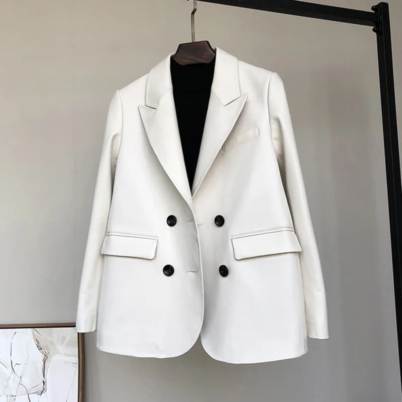 Julypalette Chic doppiopetto giacca da donna in pelle di pecora giacche 2024 autunno inverno bianco nero cappotti da donna in vera pelle di agnello