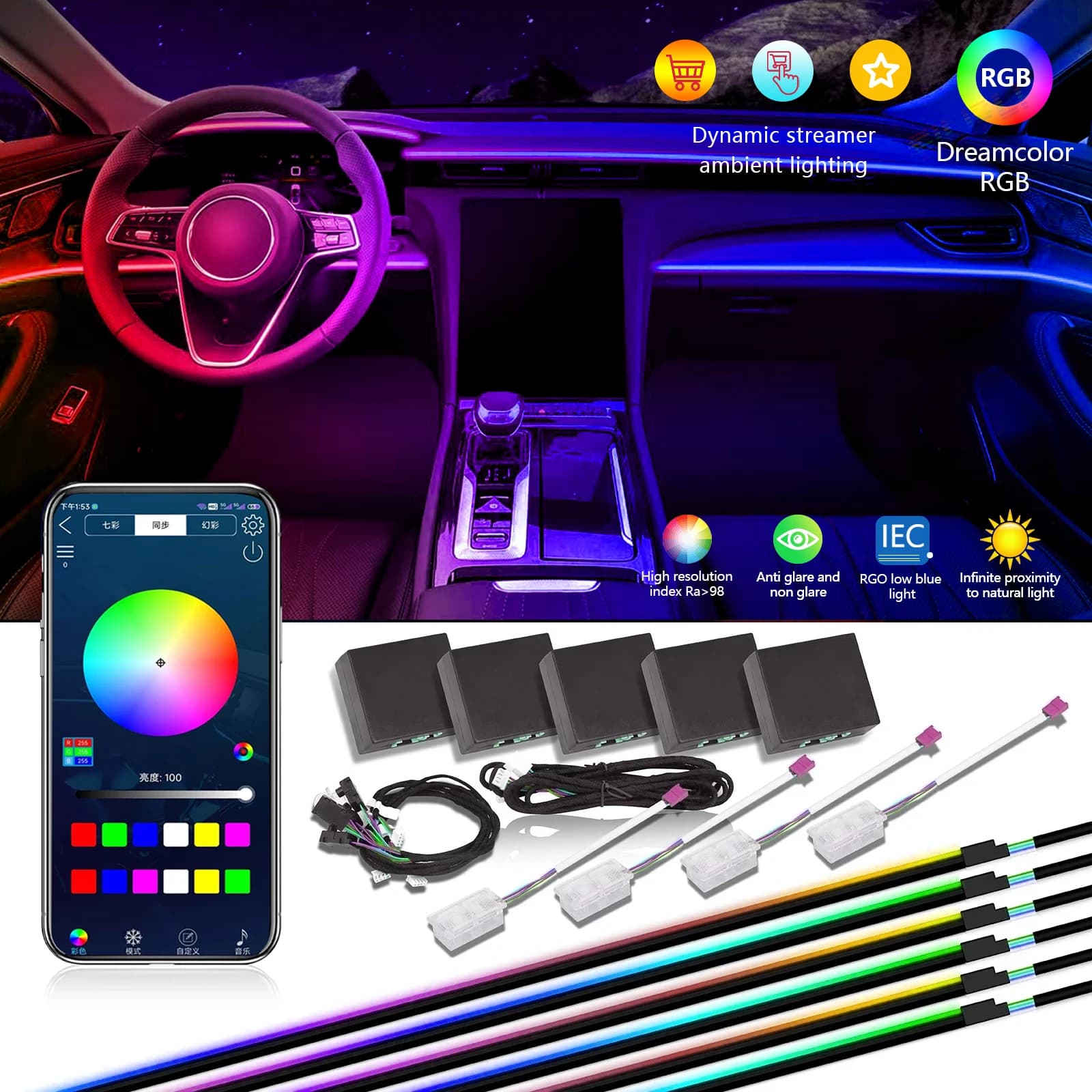 90 cm 110 cm 140 cm Kit striscia di luce ambientale LED per auto estesa, colore magico 64 colori APP regolabile multimodale 12 V RGB Symphony