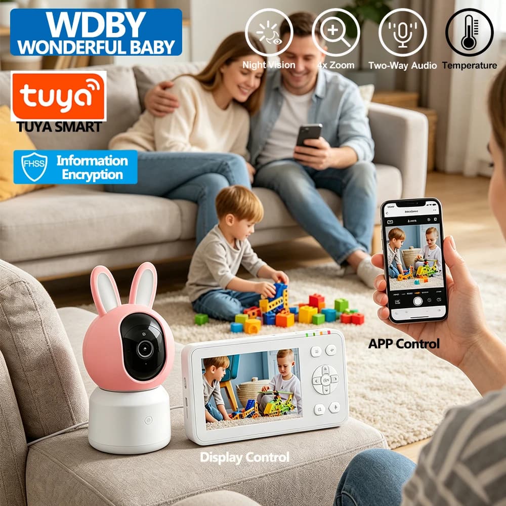 Monitor per Bambini HD 1080P con Schermo da 4,5 Pollici, Telecamera PTZ con Zoom 4x, Audio Bidirezionale, Visione Notturna IR, Monitoraggio della Temperatura, App TUYA