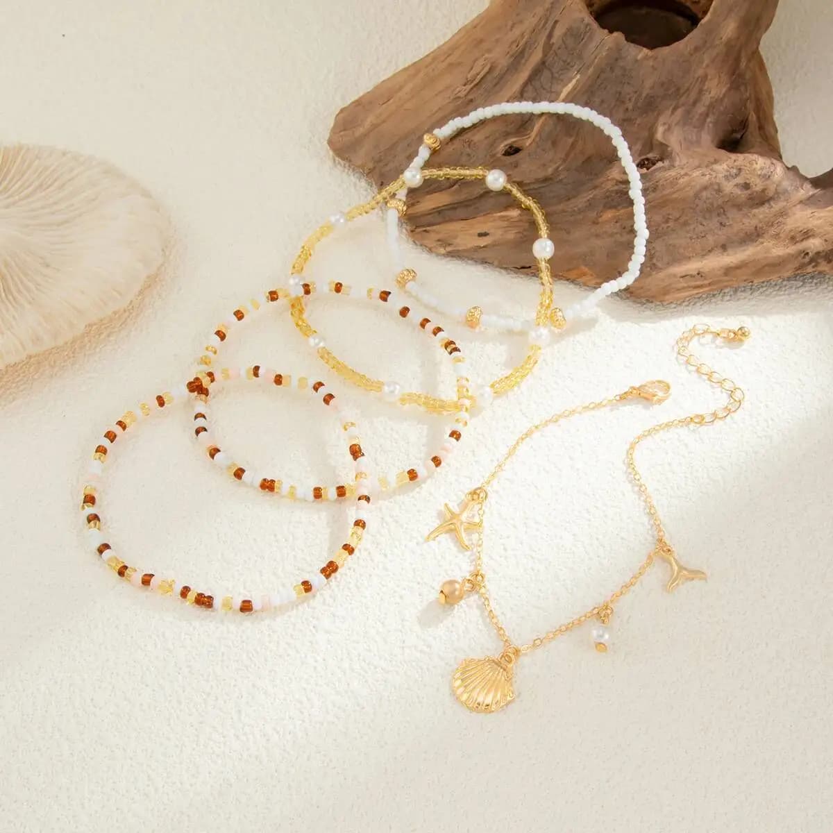 Ingemark 5 Pz/set Spiaggia Estiva Capesante Ciondolo Cavigliera Donne Squisito Boho Perle D'imitazione Riso Perline Catene Del Piede Gioielli Regalo