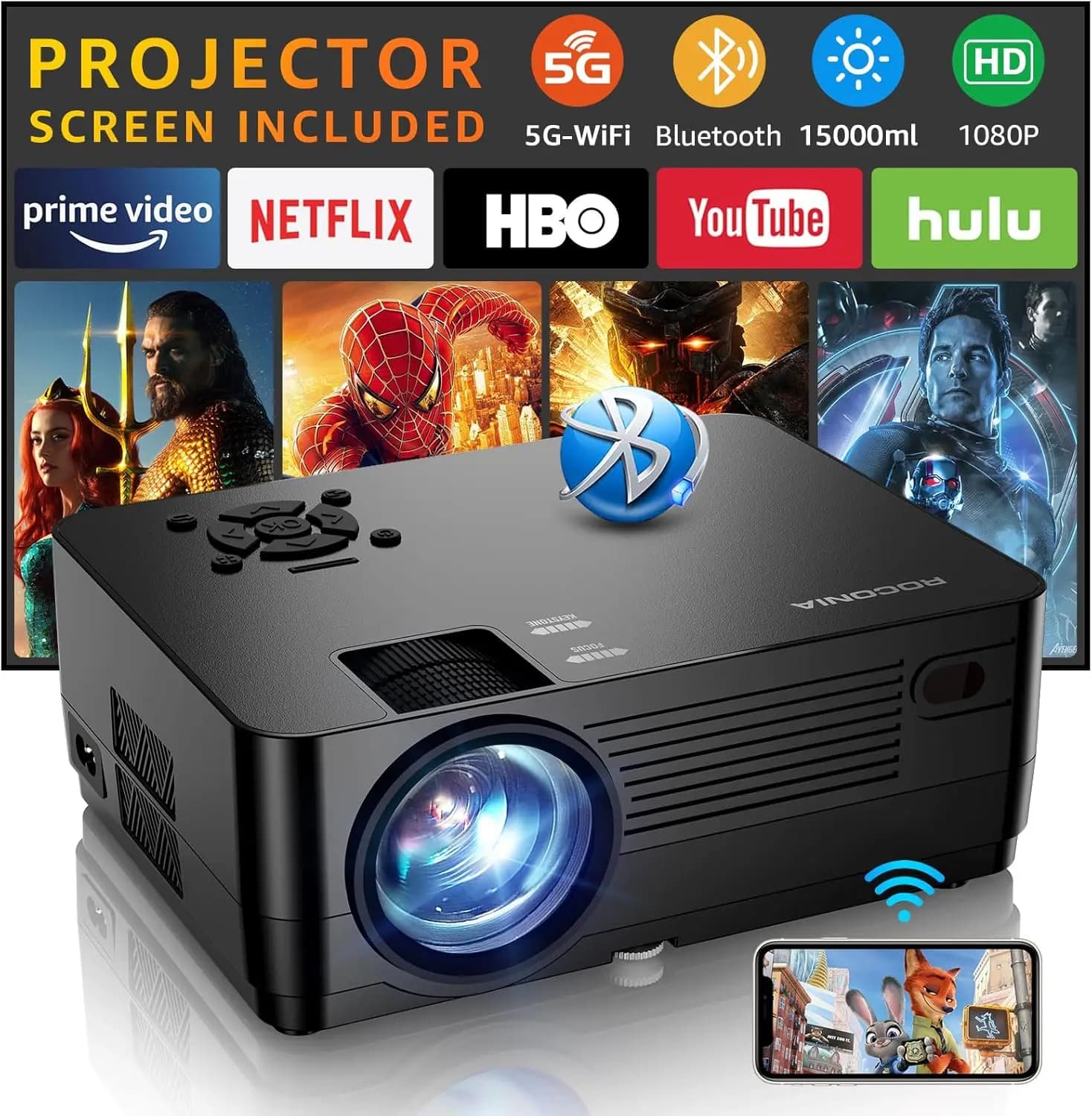 Projector with 5G WiFi and Bluetooth, Native 1080P Projector[Projector Screen Included], Full HD 18000LM Movie Projector, 100" D