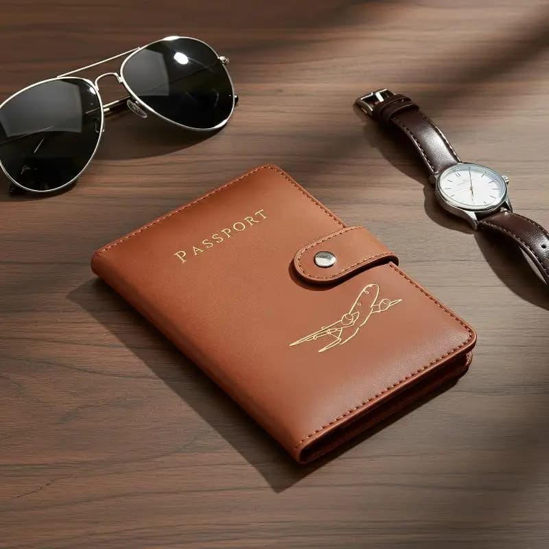 Airplane Embossed Compact Passport Cover Soft PU Leather Snap Button Travel Passport Holder for Holiday Trips