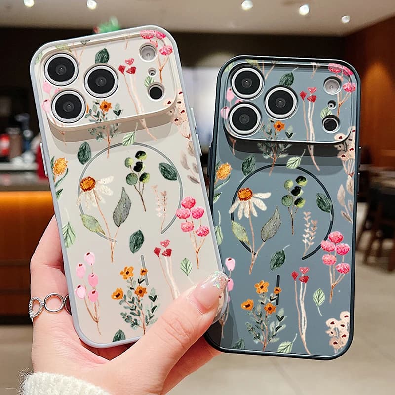 Magnetic phone case with floral pattern for iPhone 17 Pro Max 16 15 14 13 Pro Max for hard back cover for PC with Magsafe wireless charging