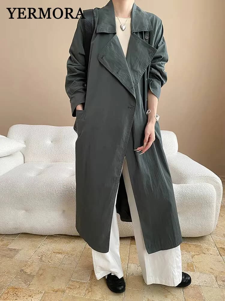 YERMORA grey with short belt casual trench for women twisted long sleeve loose new fashion wind jacket tide spring fall 2025