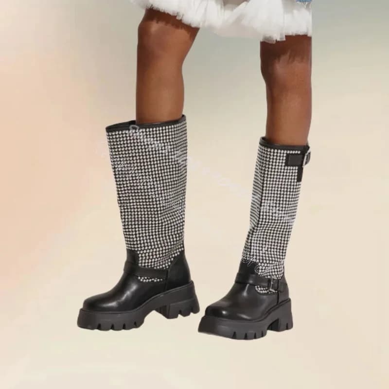 Decorazione con fibbia con strass Stivali con fondo onda nera Slip On Scarpe da donna Tacchi grossi Banchetto per feste di moda 2025 Zapatos Para Mujere