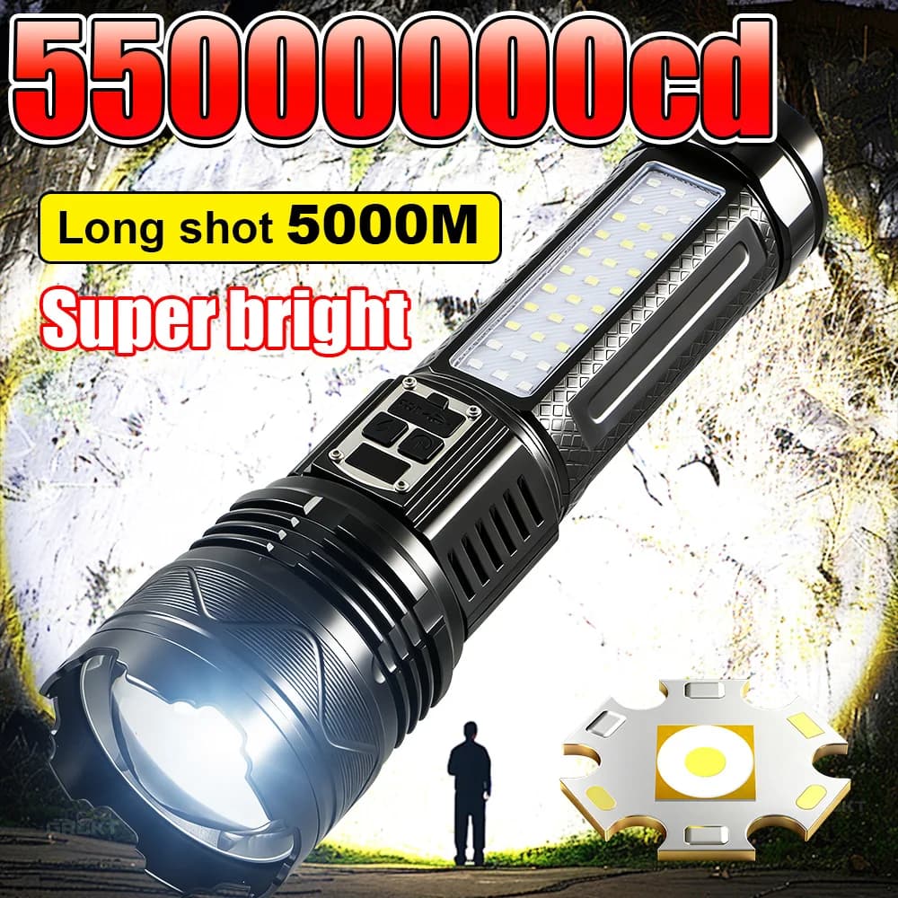 Torcia LED Ricaricabile Ultra Potente 5500000cd, Lampada Tattica Impermeabile con Zoom per Emergenze all'Aperto