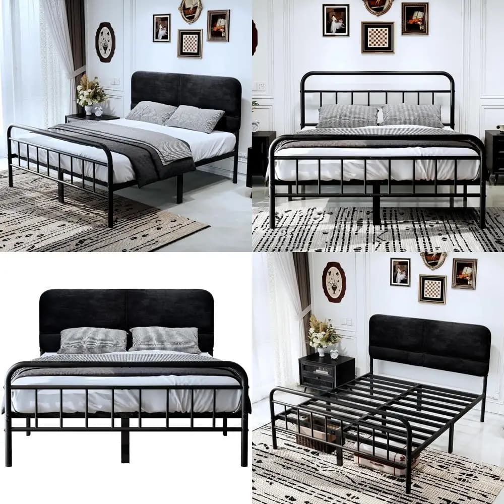 Double bed in metal with upholstered headboard, sturdy base for mattress, easy to mount, no need for slats, black
