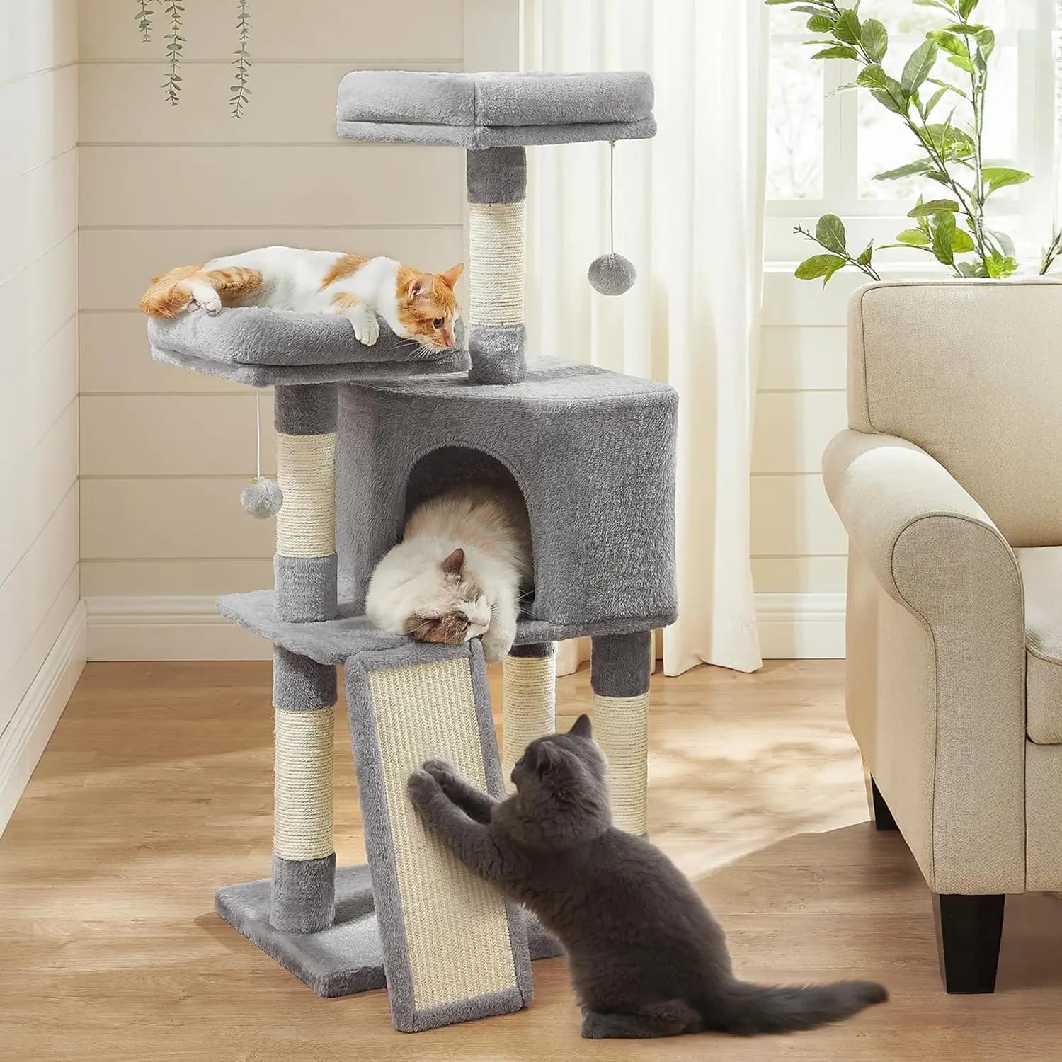 Albero per gatti da 45,3 pollici con cuccia in peluche, rampa per tirare le unghie, posatoio e grotta, per piccoli spazi, grigio chiaro