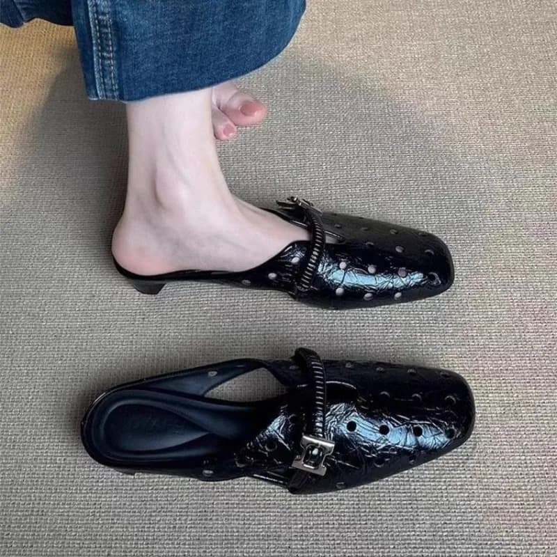 Women's Mules Square Toe Low Heel Slip-On Cutout Perforated Backless Casual Slippers Everyday Walking Footwear Minimalist Pumps