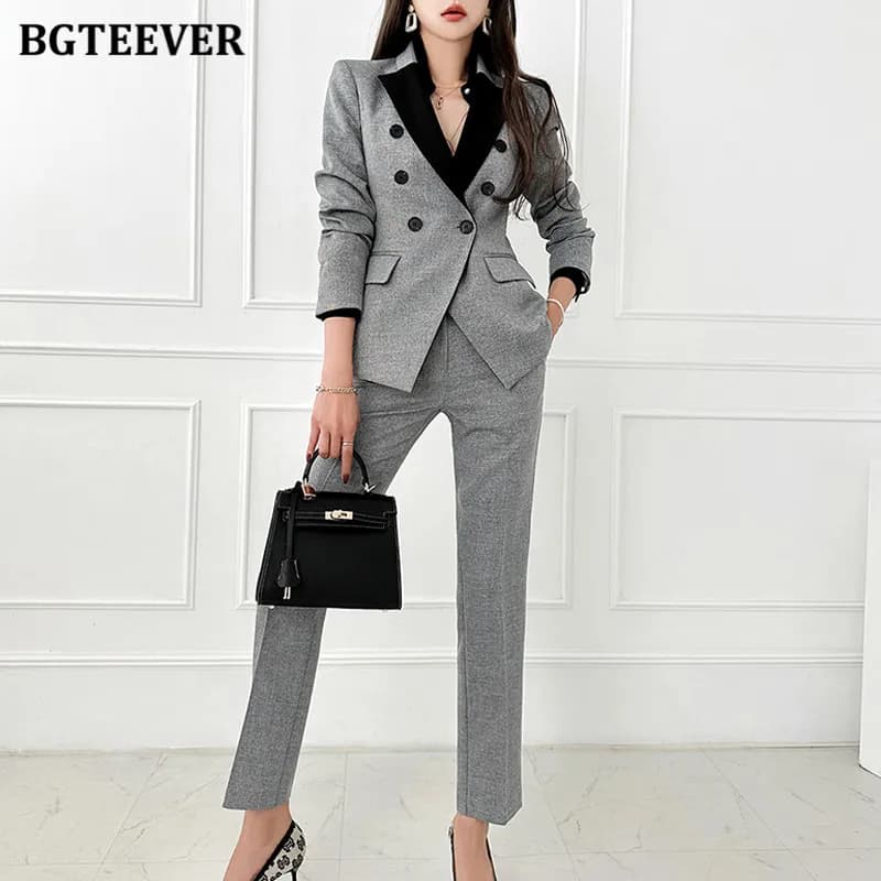 BGTEEVER Elegant Slim Female Blazer Set Long Sleeve Double Breasted Patchwork Jackets Women High Waist Pencil Pants Suits Ladies