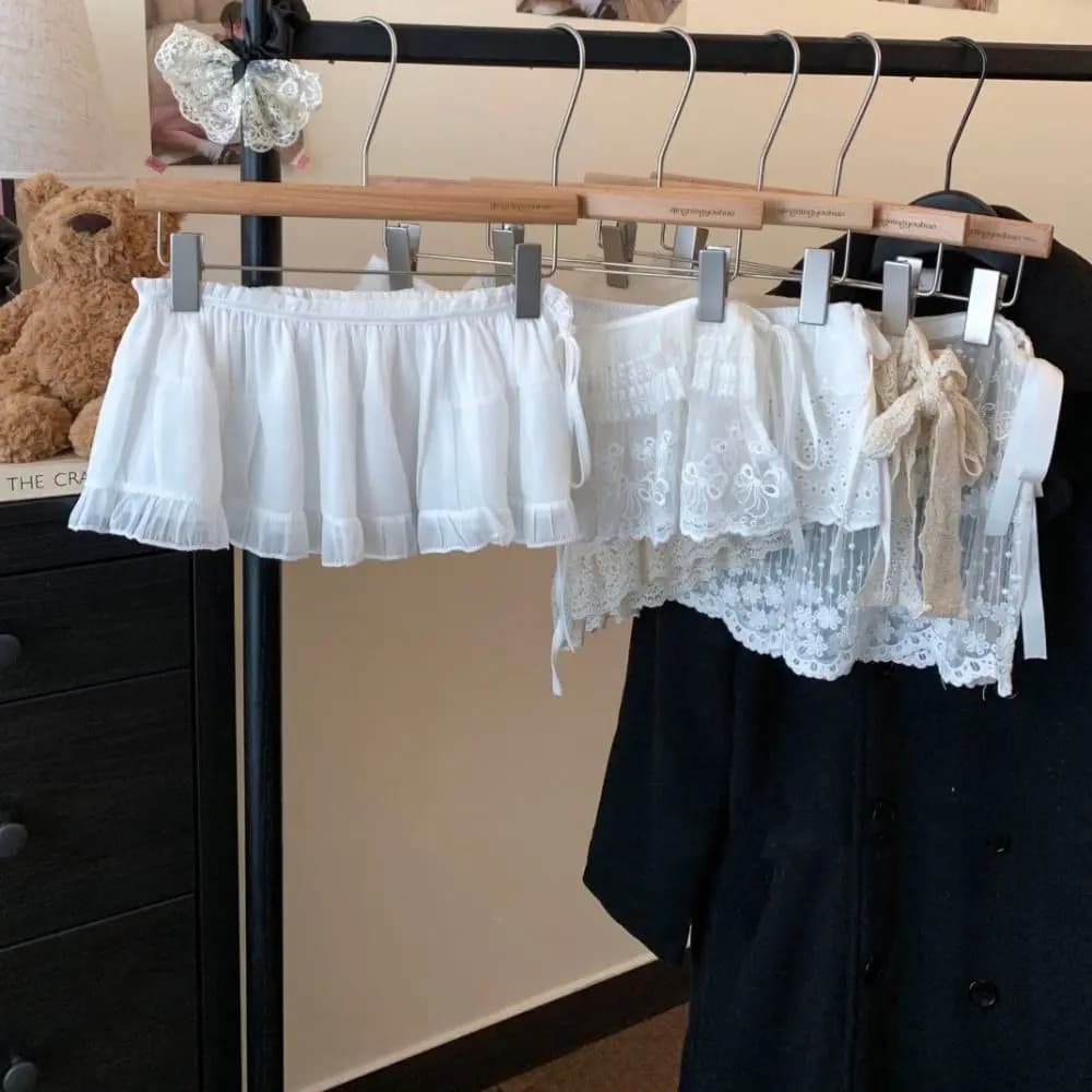 Gonna Mini in Pizzo alla Moda, Gonna in Tulle a Vita Alta con Fiori, Stile Coreano con Bordo Arricciato e Lacci, per Ragazze