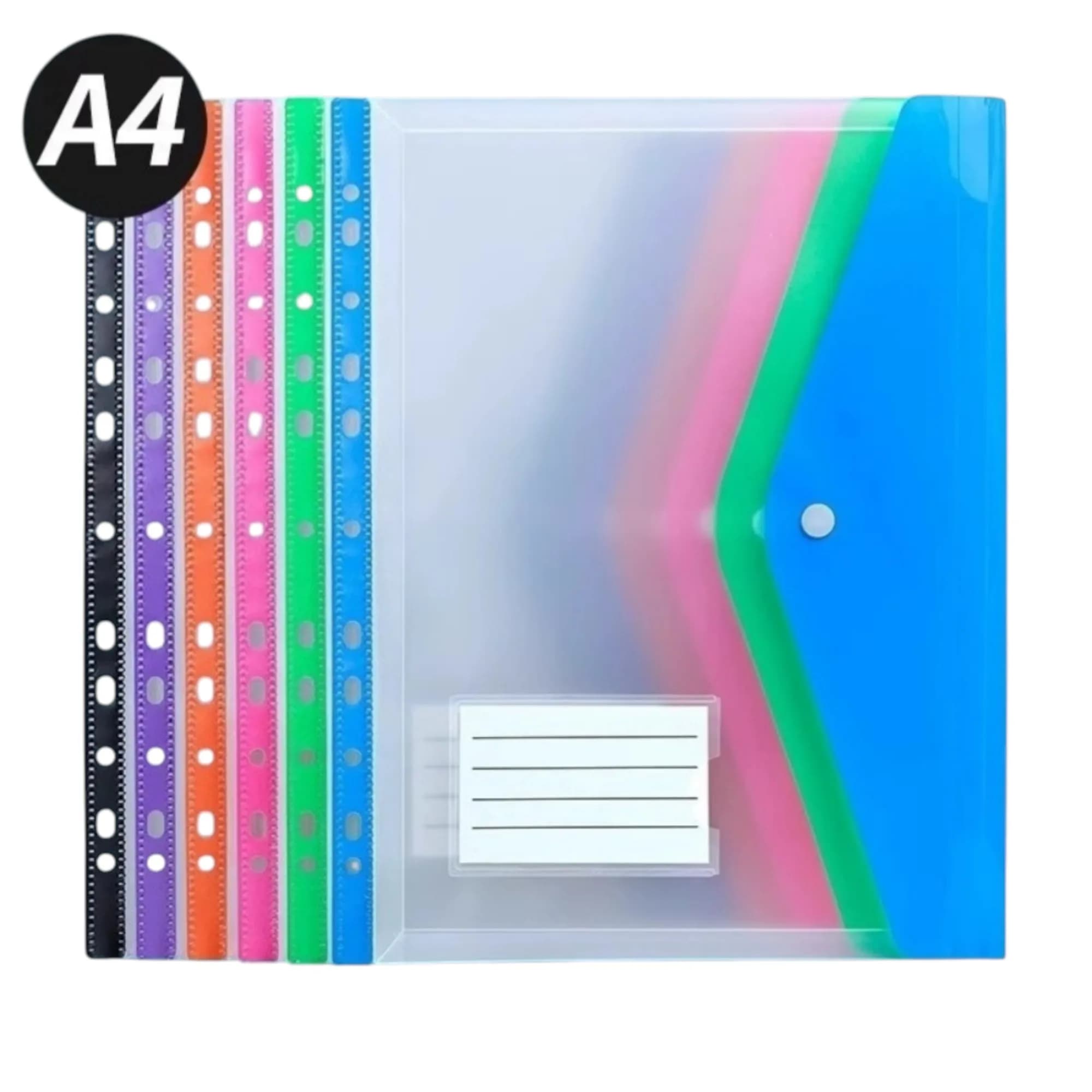 6 Buste in Plastica con Chiusura Adesiva e 11 Fori, Cartella Espandibile per Raccoglitori ad Anelli 2/3/4, Formato A4, per Scuola e Ufficio