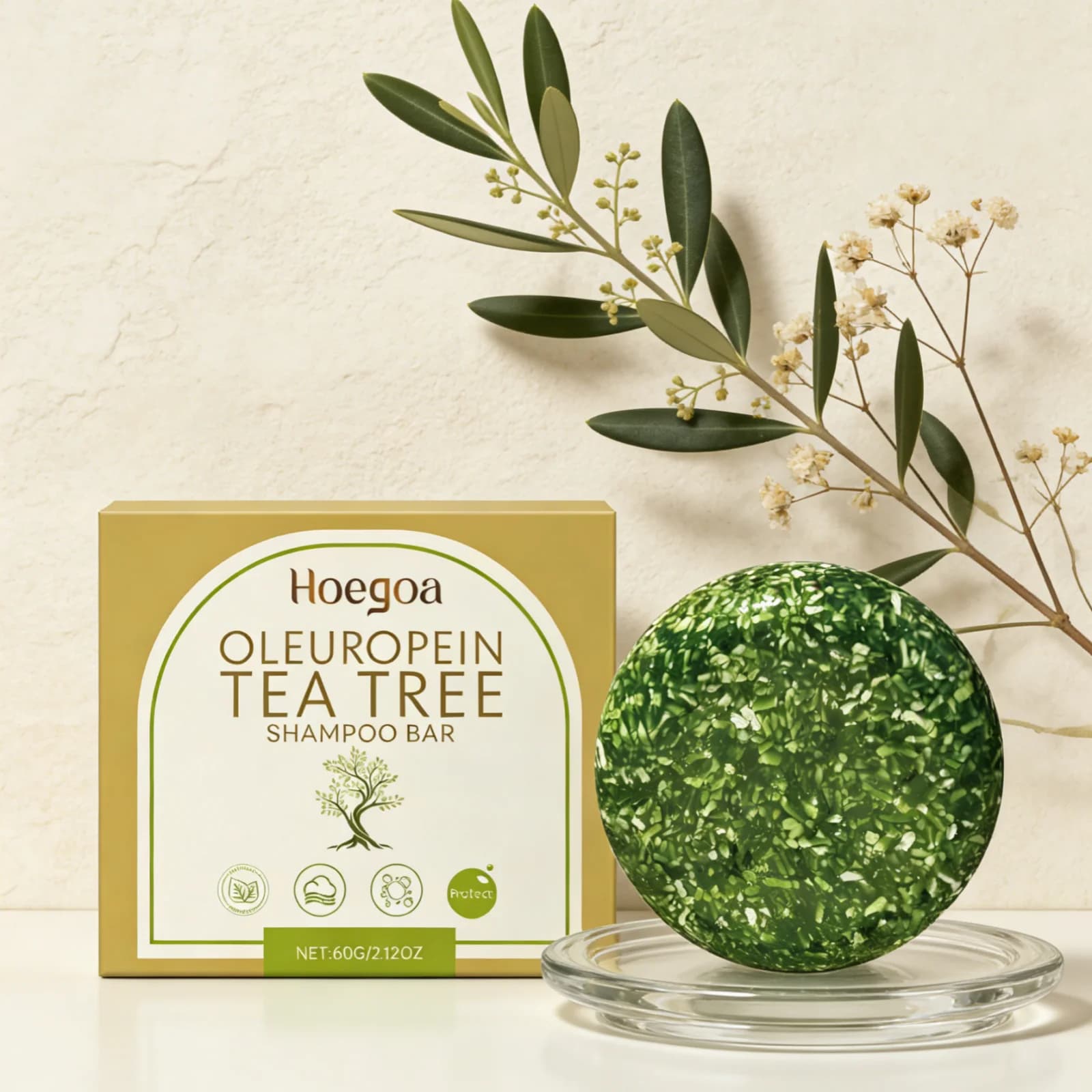 Hoegoa Oleuropein Tea Tree Shampoo Bar Gentle Cleansing Strengthen Hair Roots Add Shine Moisturize Hair Smooth Solid Shampoo Bar