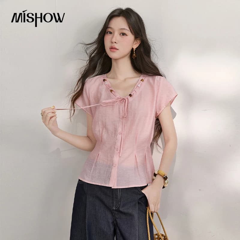 MISHOW Women's V Neck Beaded Tie Front Blouse 2026 Summer Korean Pleated Waist Tps Slim Pink Blouses Office Lady MXF29X2731