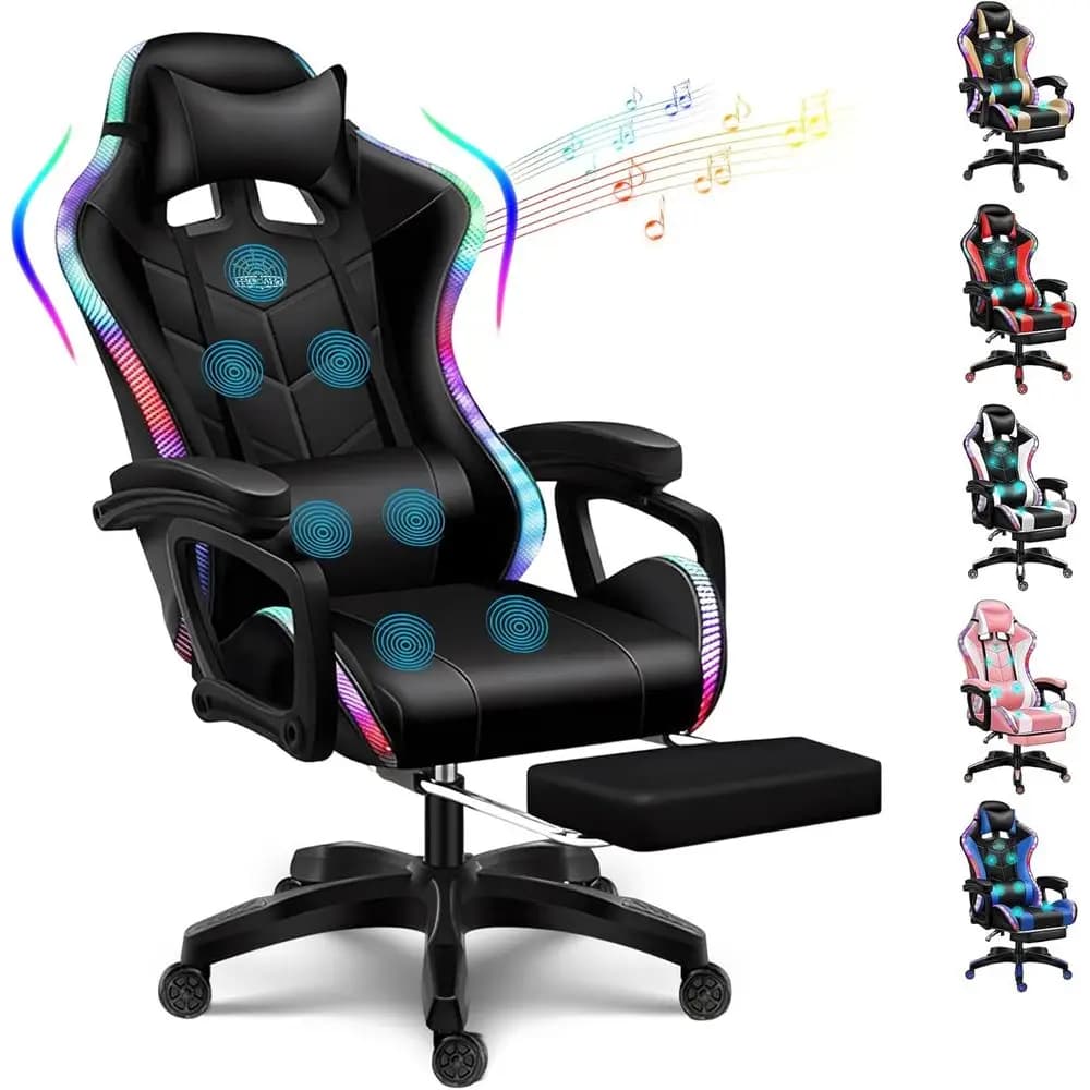 Ergonomic High-Back Gaming Chair with Speakers, Massager, and Lumbar Support for Big and Tall Gamers, Black