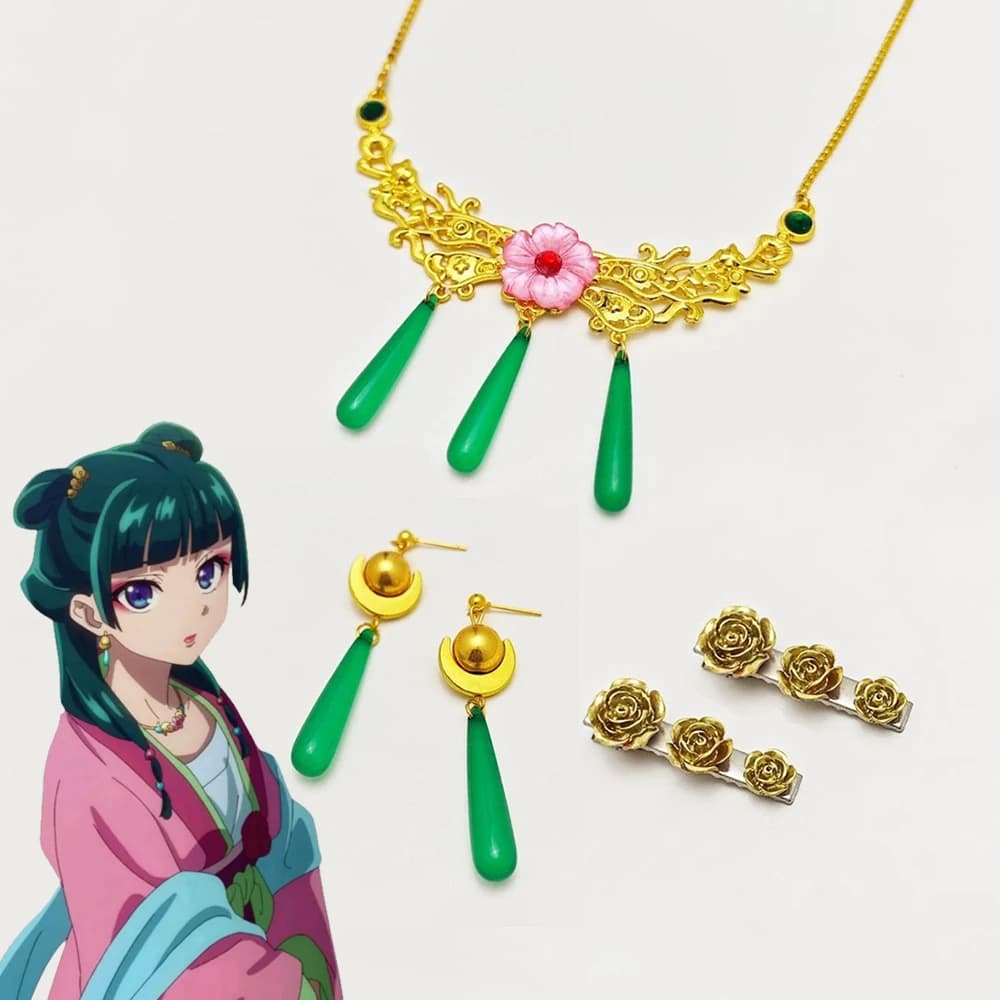 Anime ​The Apothecary Diaries​ Maomao Cosplay Necklace Earrings Hair Clip Set Retro Choker Ear Studs Pendant Jewelry Accessory
