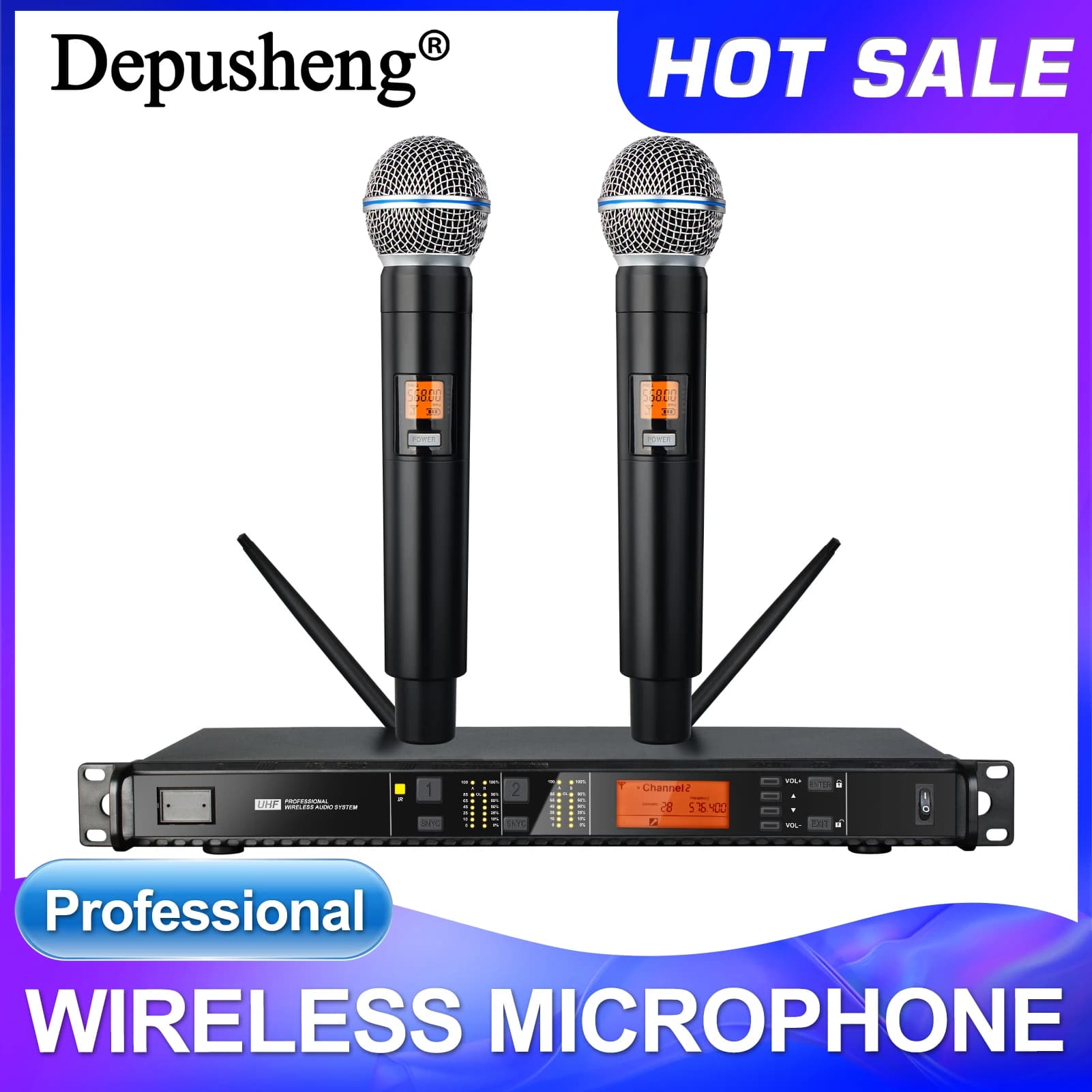 DEPUSHENG T118 Microfono professionale portatile Sistema microfonico wireless UHF portatile a 2 canali