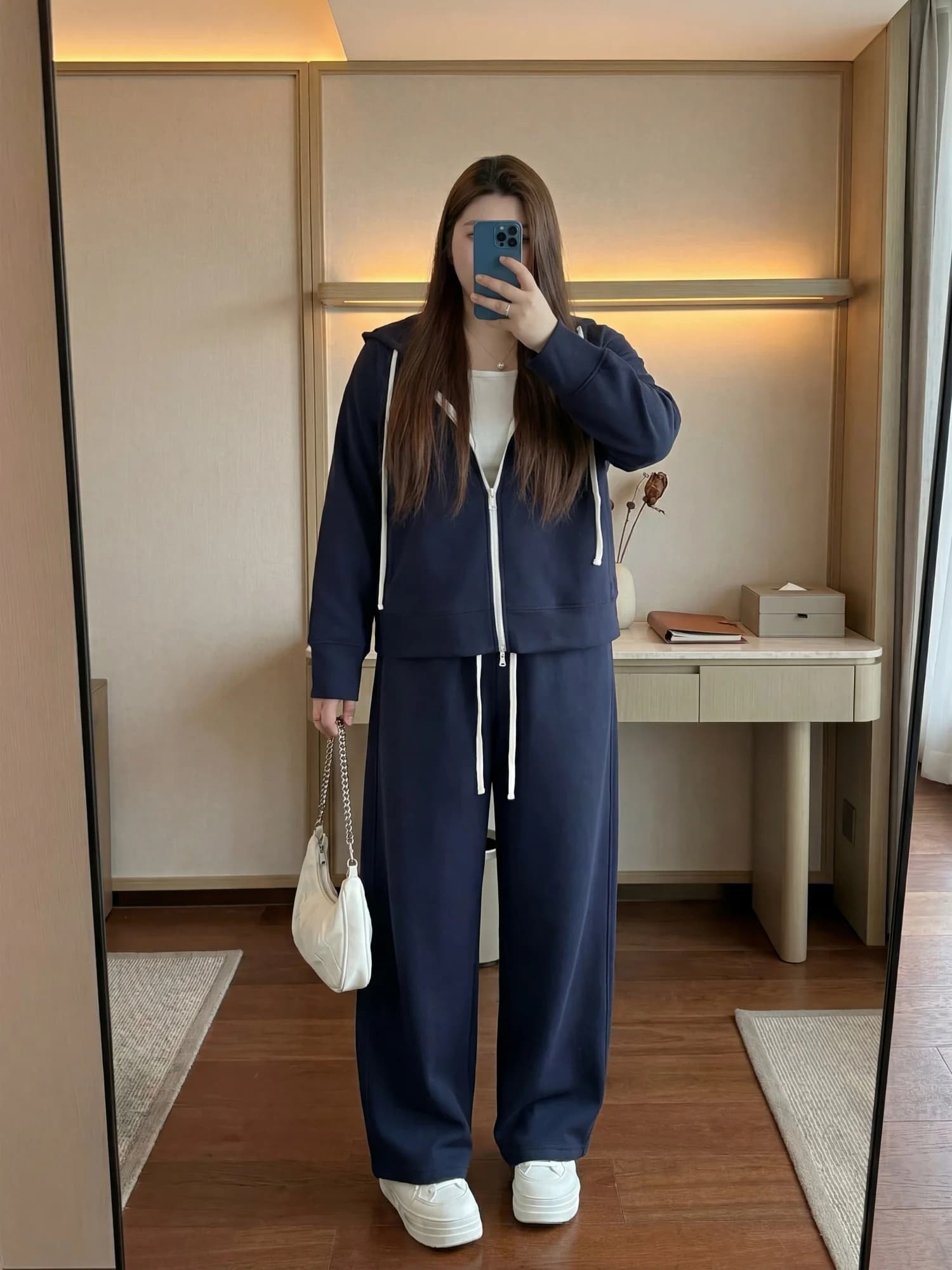 Large Size Spring New Arrival Hoodie Jacket And Pants Commute Set Casual Loose Fit High Waist Long Pants Cotton Polyester Ble...
