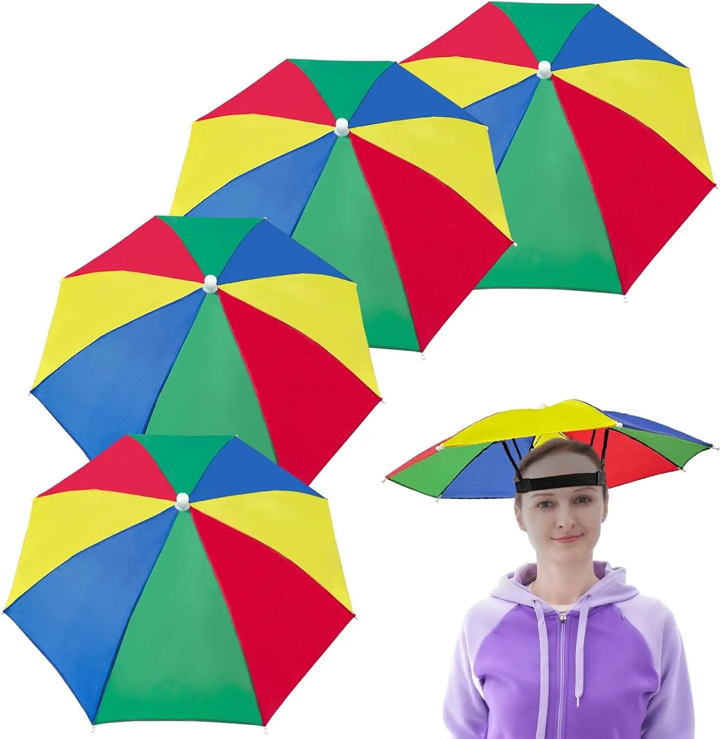 4-Pack Hands-Free Umbrella Hat for Adults & Kids - Adjustable Headband, Sun Shade & Light Rain Cap for Gardening, Fishing, Dog Walking