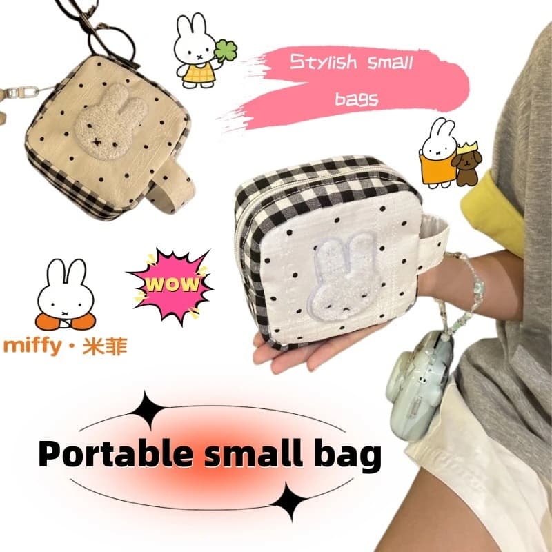 Nuova Borsa per il Trucco alla Moda con Coniglio Miffy, Motivo a Quadretti Blu e Pois, Portatile, Regalo per Migliori Amiche o Fidanzata