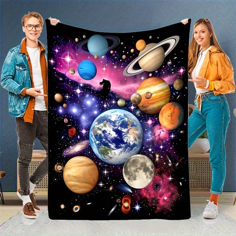 Coperta in flanella spaziale vintage - Stelle dei pianeti cosmici, tiro per tutte le stagioni resistente allo strappo per il campeggio, l'arredamento della casa da viaggio
