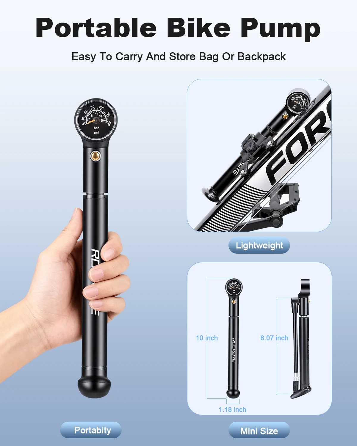 Awapow Mini Pompa per Bici con Manometro 300 PSI Pompa per Bicicletta per Valvola Presta e Schrader Pompa Ammortizzatore per Bici Portatile per Forcella Anteriore