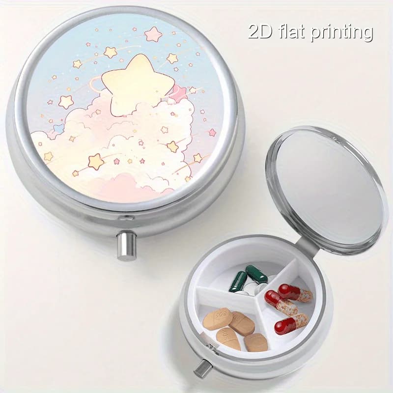 This Integrated Round Metal Box Features a Creative Meteor Cloud Design and Has Three Internal Compartments. This Mini Portable Metal Box Is Perfect for Storing Vitamins and Supplements, Making It Ideal for Home, Outdoor, and Travel Use. It Is Also a Multifunctional Storage Box That Can Be Used to Organize and Store Decorations, Earrings, and Jewelry.
