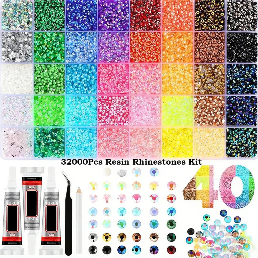 Kit di 32000 strass in resina con pinzette per cristalli multicolori da 3 mm, con 3 colla da 10 ml per arte, artigianato e nail art