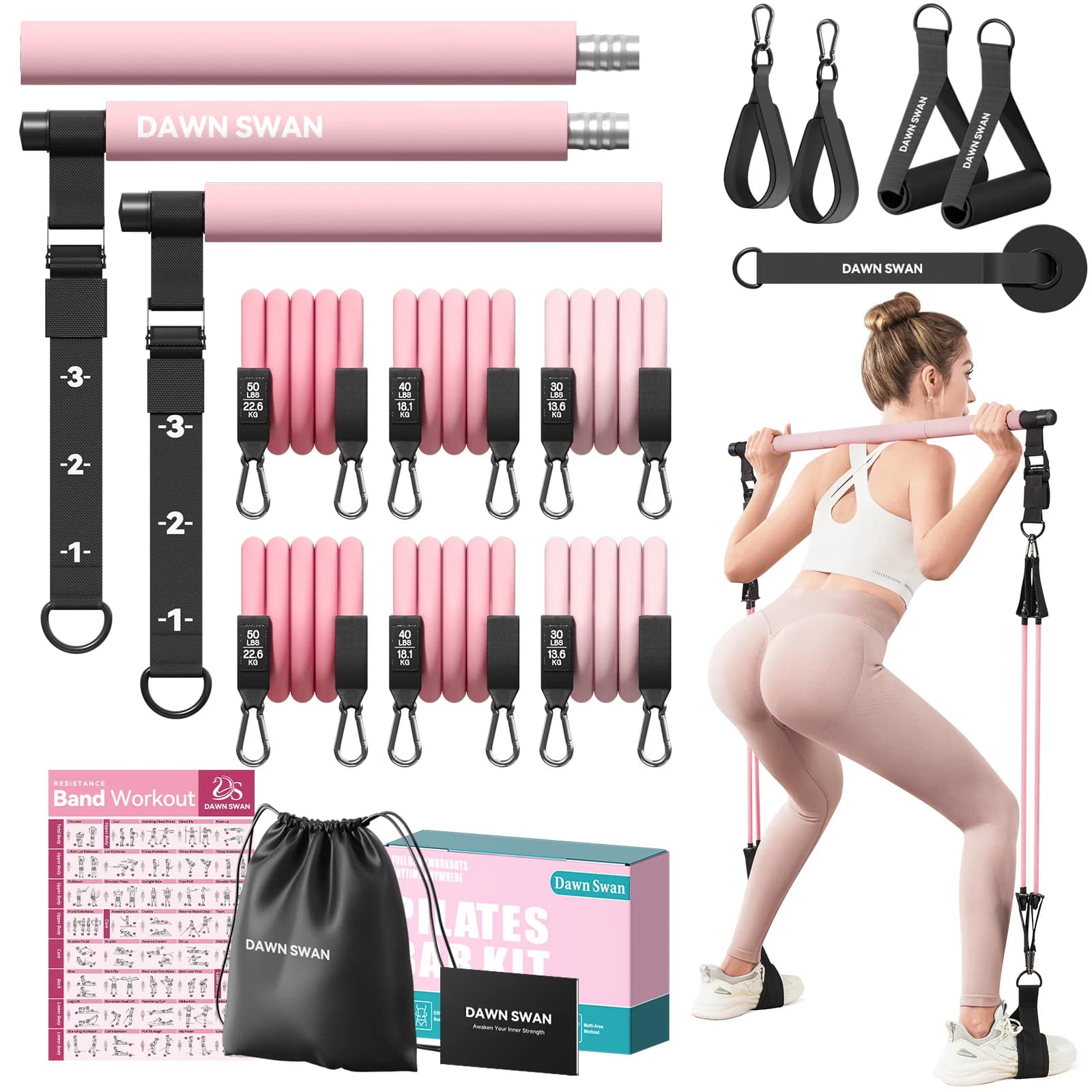 Kit Barra per Pilates con Bande di Resistenza – Attrezzo Regolabile per Allenamento a Casa – Attrezzatura Portatile per Squat, Yoga e Tonificazione Completa del Corpo