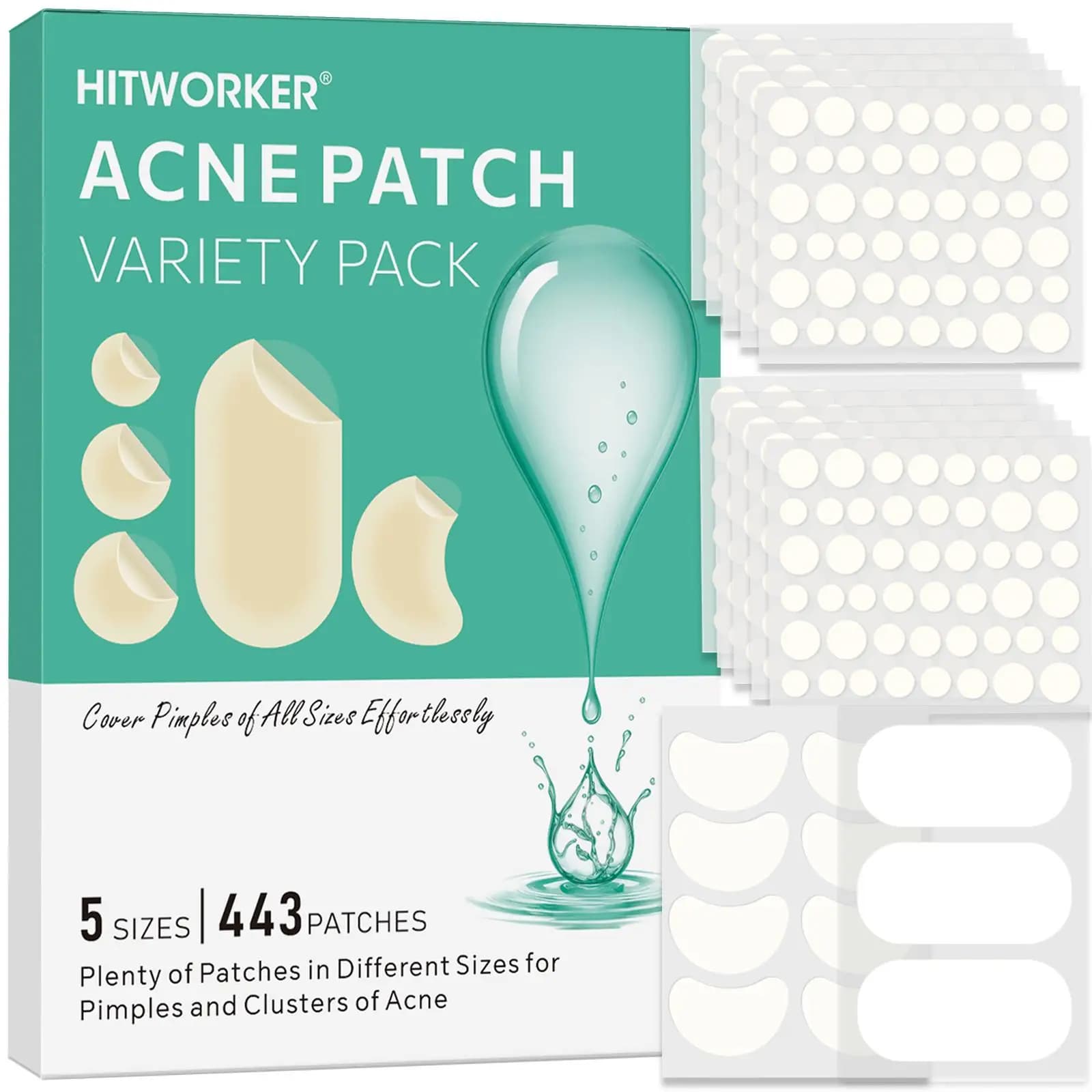 Patch per l'acne in gel a base d'acqua da 443 pezzi: rimuove l'acne facciale, lenisce e guarisce la pelle, diverse dimensioni di cerotti per l'acne oversize