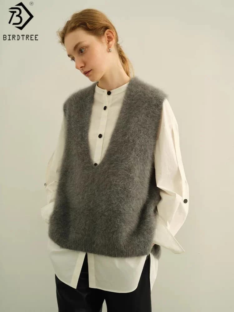Gilet da Donna Birdtree, in Pile e Lana, Scollo a V, Pullover Chic, 4,7% Cashmere 95,3% Lana, Maglioni Autunno Inverno 2026, Canotte T62806JF