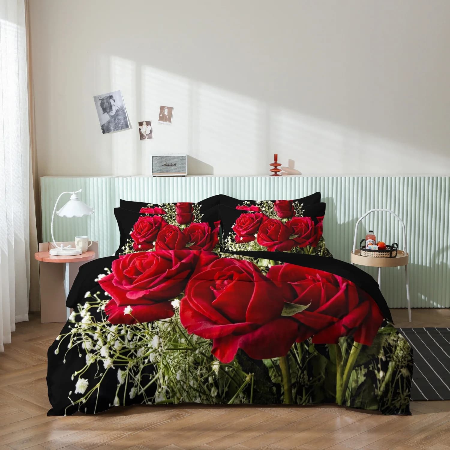Set copripiumino con stampa HD di rose rosse nere, 3 pezzi, biancheria da letto con stampa floreale, per camere da letto familiari, dormitori, hotel