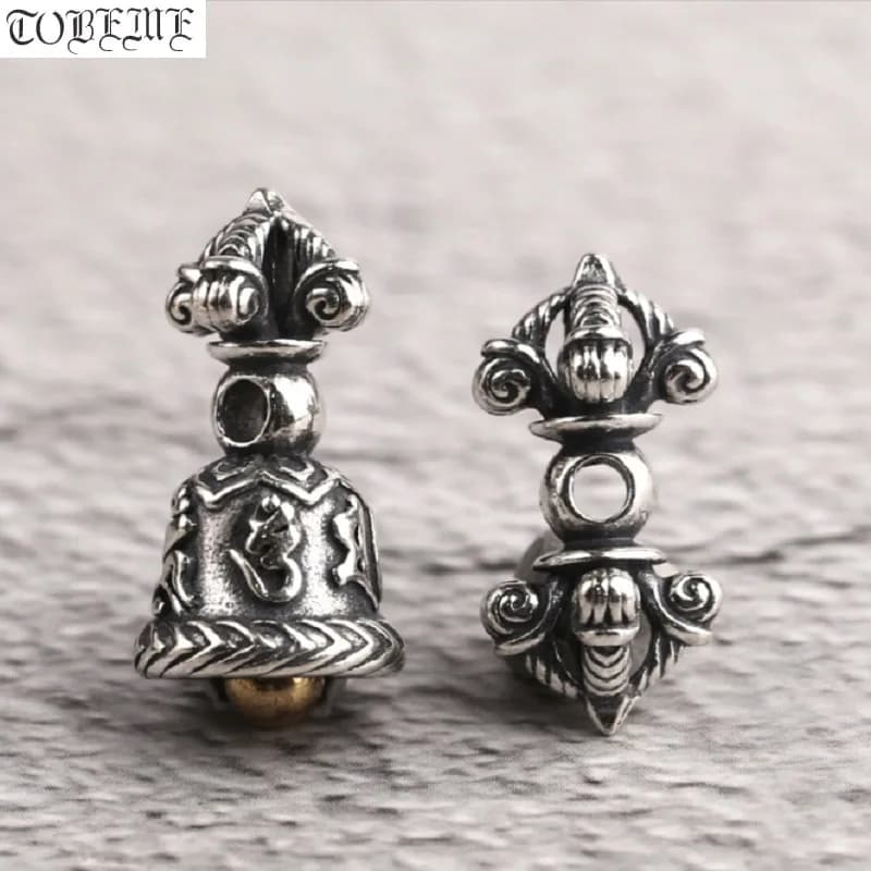 100% 925 Silver Tibetan Dorje Bell Beads Vintage Sterling Buddhist Vajra Bell Amulet Charm Jewelry Findings